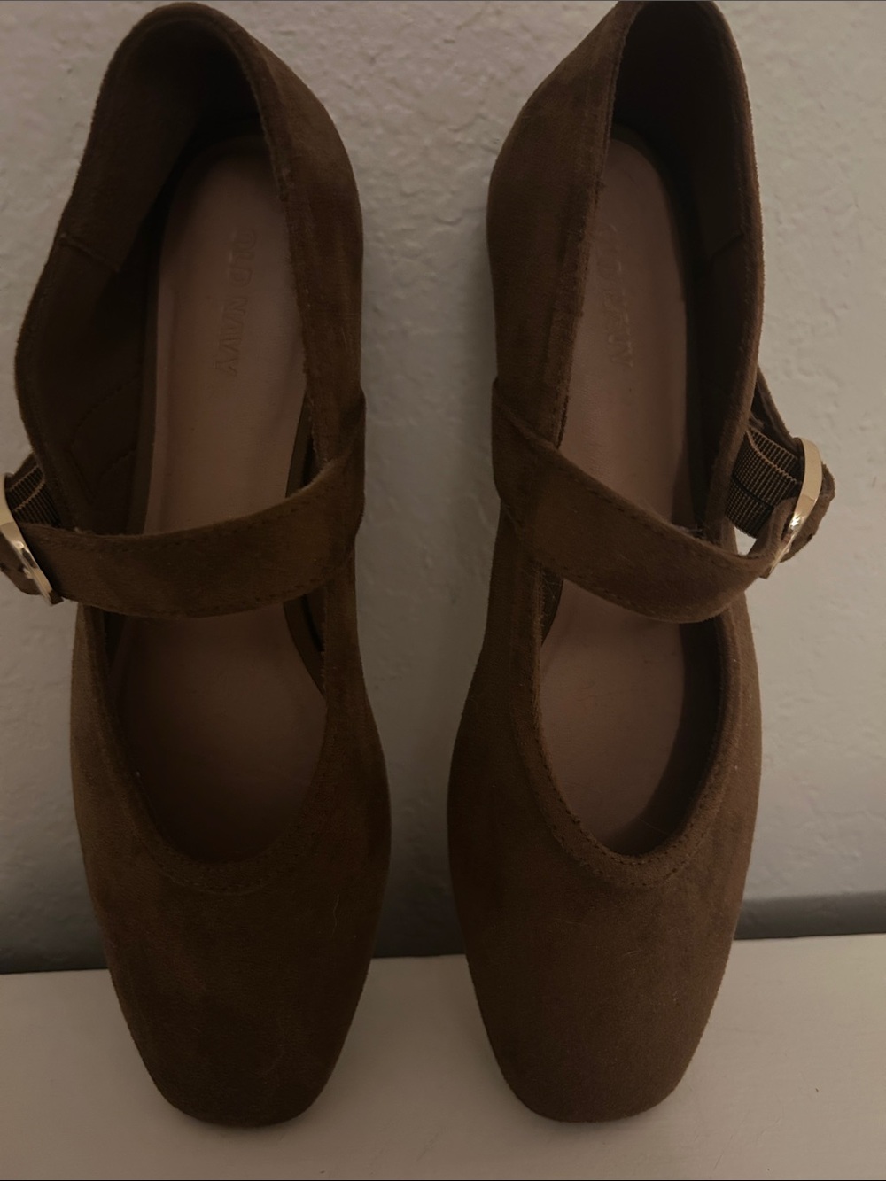 Old Navy Brown Suede Mary Jane Loafers with Gold Buckle